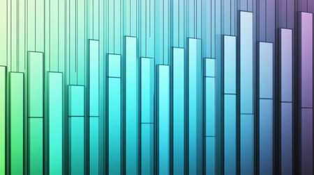 A row of vertical bars in a gradient from blue to green, symbolizing financial performance over time, with a subtle grid background for a professional lookの素材