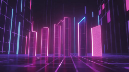 A futuristic D bar chart with tall, glowing columns and an upward trending arrow, hovering over a dark digital background filled with grid patternsの素材