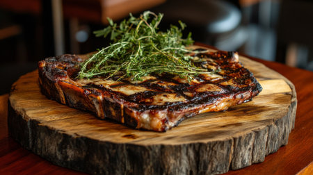 A grilled flank steak resting on a wooden board, with a charred exterior and rich, juicy interior, surrounded by simple herbs for garnishの素材