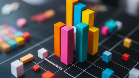 A professional bar chart with bold, colorful bars rising in front of a clean, minimalist grid background, symbolizing financial performance and growthの素材