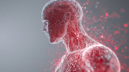 A scientific illustration of the human circulatory system, with detailed arteries and veins, focusing on the flow of blood through the bodyの素材