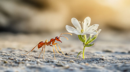 A macro shot of an ant navigating through a small flower, emphasizing its delicate features and the beauty of the natural surroundingsの素材