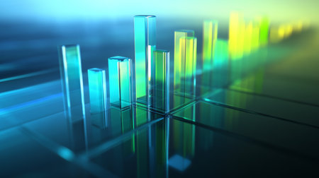 A futuristic bar graph with transparent bars glowing in shades of blue and green, hovering above a reflective surface, symbolizing financial trendsの素材