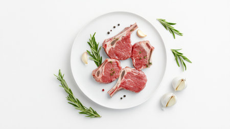A high-angle shot of raw lamb chops arranged on a clean white plate, with rosemary sprigs and garlic cloves adding a touch of natural decorationの素材