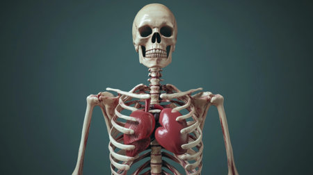 A realistic D rendering of a human skeletal system, focusing on the ribcage and the organs within, including the heart and lungsの素材