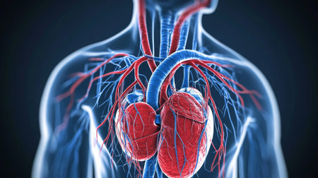 A highly detailed D rendering of a human heart with visible arteries and veins, set against a dark background, emphasizing its complex structureの素材