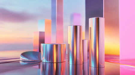 A futuristic financial bar chart with glowing bars in metallic tones, displayed on a reflective surface with subtle digital elements in the backgroundの素材
