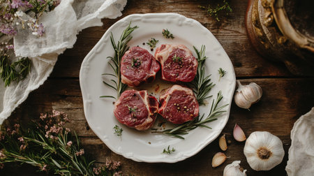 A high-angle shot of raw lamb chops arranged on a clean white plate, with rosemary sprigs and garlic cloves adding a touch of natural decorationの素材