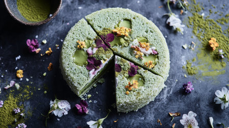 A high-angle view of a sliced daifuku revealing its vibrant filling, surrounded by scattered matcha powder and edible flowers for an elegant touchの素材