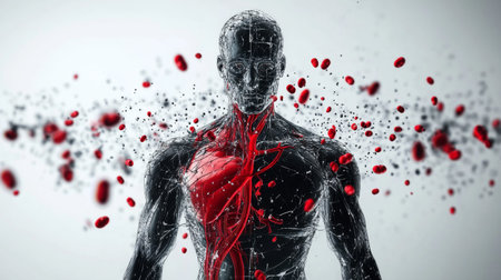 A scientific illustration of the human circulatory system, with detailed arteries and veins, focusing on the flow of blood through the bodyの素材