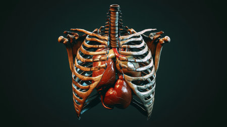 A realistic D rendering of a human skeletal system, focusing on the ribcage and the organs within, including the heart and lungsの素材