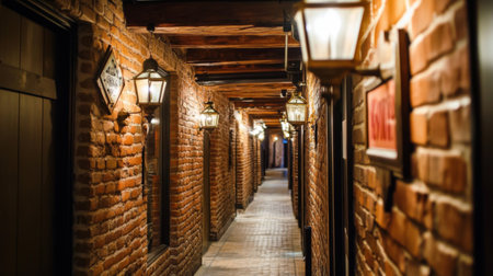 A rustic hallway showcasing exposed brick walls, wooden beams, and charming decorative elements like lanterns and vintage signs, evoking a warm, homey feelの素材