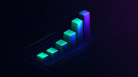 A vibrant D bar graph with gradient bars in shades of blue and green, positioned on a dark grid background with soft lighting adding depth and dimensionの素材