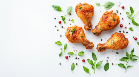 A vibrant arrangement of fried chicken pieces on a clean white background, sprinkled with fresh herbs and spices, showcasing its mouthwatering appealの素材
