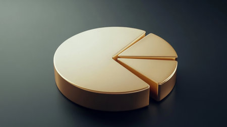 A golden pie chart with sleek metallic segments, set on a dark gradient background, representing investment proportions in goldの素材