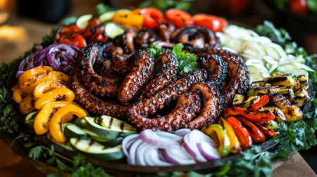 A platter of grilled octopus tentacles surrounded by grilled peppers, onions, and zucchini, showcasing a colorful and delicious mealの素材