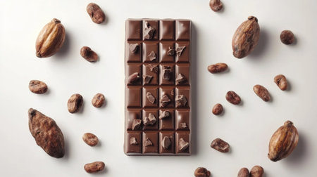 A high-angle view of a chocolate bar broken into pieces, with whole cocoa beans and cocoa pods artfully placed around it for contrastの素材
