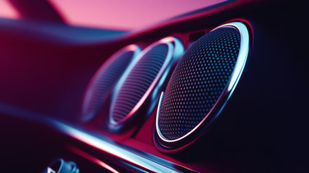 A high-quality car speaker with a mesh grille design, mounted in the door panel of a luxury car, with soft lighting casting reflections on the sleek surfaceの素材