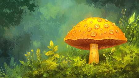A single golden-brown mushroom with water droplets on its cap, placed on a bed of moss, surrounded by vibrant green foliage for contrastの素材