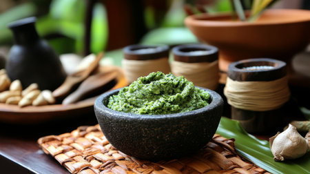 A serene image of turmeric paste in a small bowl, surrounded by traditional cooking utensils and spices, highlighting its use in various cuisinesの素材