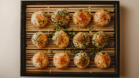 A top-down view of freshly cooked takoyaki balls, arranged neatly on a bamboo tray, with a sprinkle of bonito flakes and noriの素材