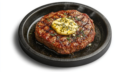 A top-down view of a sizzling steak on a cast iron skillet, with melted butter and herbs surrounding the perfectly seared meatの素材