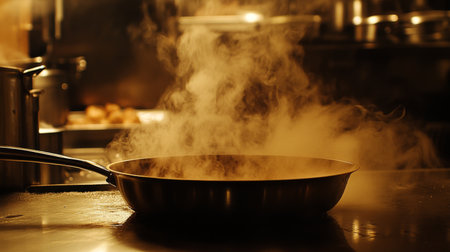 Gentle smoke drifting across a kitchen counter from a sizzling pan, with warm lighting creating an inviting yet mysterious atmosphereの素材