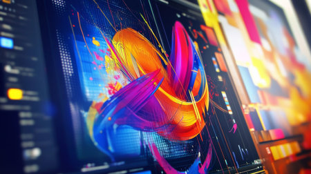 A striking image of a computer screen displaying a graphic design software interface, with vibrant colors and shapes being manipulated in real-timeの素材