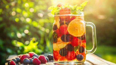 A striking shot of a beer glass filled with a bright, fruity beer, topped with fresh fruit slices, set against a sunlit patio with greenery in the backgroundの素材