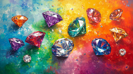 Diamonds scattered on a metallic background, their facets reflecting light in a dazzling array of rainbow colorsの素材