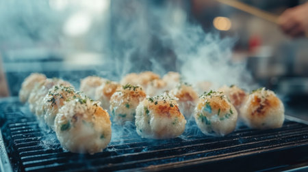 Takoyaki balls cooking on a traditional takoyaki grill, with golden-brown crispy exteriors and a light steam rising from themの素材