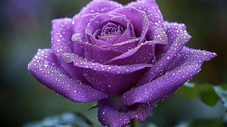 Close-up of a blooming purple rose with water droplets clinging to its petals, set against a blurred garden backdropの素材