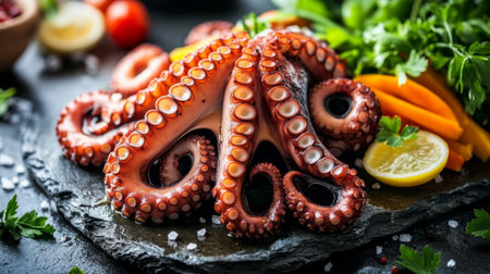 Grilled octopus served on a rustic stone platter, drizzled with olive oil and sprinkled with coarse sea salt, with a side of fresh vegetablesの素材