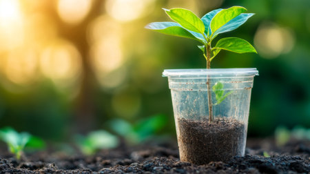 Close-up of a small tree growing out of a biodegradable seedling container placed on the forest floor, with soft light filtering through the treesの素材