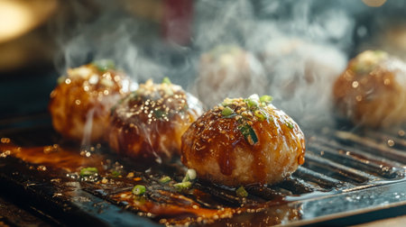 Takoyaki balls cooking on a traditional takoyaki grill, with golden-brown crispy exteriors and a light steam rising from themの素材