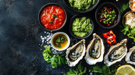 A vibrant seafood spread featuring oysters on the half shell, with fresh herbs and sauces in small bowls, creating an inviting atmosphereの素材