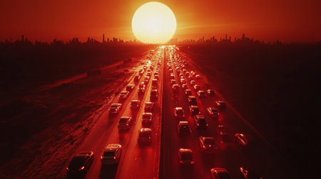 An aerial view of a highway jammed with vehicles, with brake lights glowing red against the backdrop of a setting sun, capturing the frustration of traffic delays.の素材