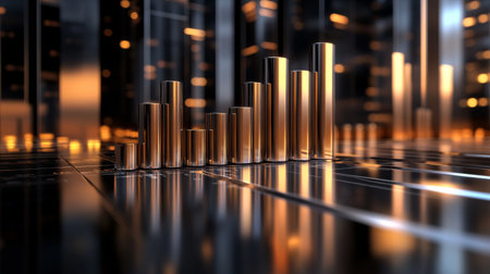 A D financial bar graph with metallic bars, representing revenue comparison between different companies, placed on a reflective surface with a sleek black background.の素材