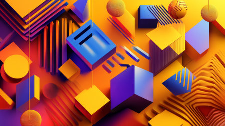 Abstract geometric shapes in vibrant colors, overlapping and forming a modern, dynamic design with shadows and depth on a minimalist backgroundの素材