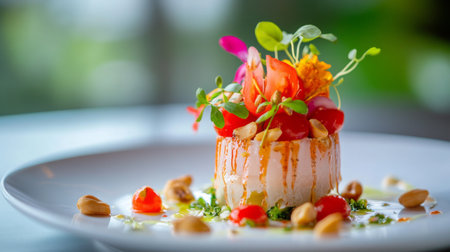 An elegant presentation of Som Tum green papaya salad with vibrant colors, topped with roasted peanuts and cherry tomatoes, showcasing the freshness of Thai ingredientsの素材