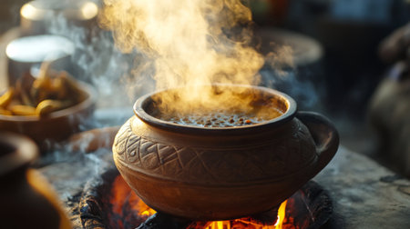 An atmospheric image of a traditional clay pot simmering over an open flame, with steam rising and aromatic spices filling the air, evoking a sense of home-cooked warmth.の素材