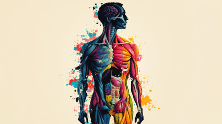 An artistic representation of the human silhouette filled with colorful illustrations of muscles and bones, highlighting the complexity of human anatomy.の素材