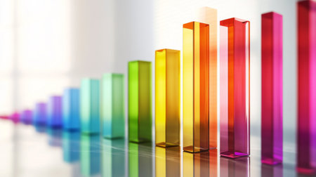 Array of rainbow-colored D bars in a row, gradually increasing in height, with smooth shadows and reflectionsの素材