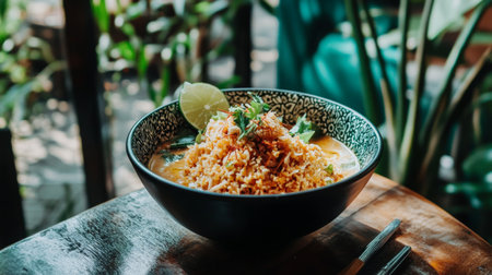 An inviting bowl of Larb, a spicy Thai salad made with minced meat, fresh herbs, and lime, garnished with crispy rice, highlighting the flavors of Northeastern Thailandの素材