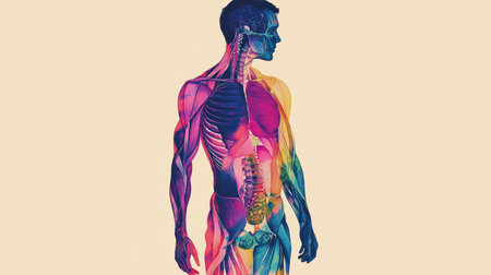 An artistic representation of the human silhouette filled with colorful illustrations of muscles and bones, highlighting the complexity of human anatomy.の素材