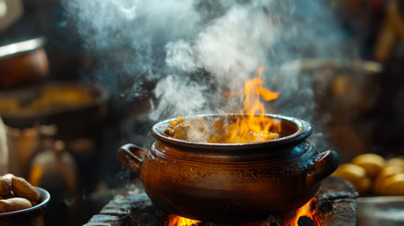 An atmospheric image of a traditional clay pot simmering over an open flame, with steam rising and aromatic spices filling the air, evoking a sense of home-cooked warmth.の素材