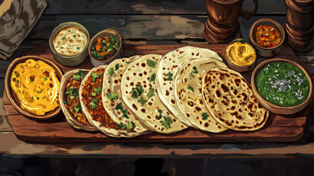 An artistic representation of different types of roti, including whole wheat, stuffed, and flavored varieties, arranged on a rustic wooden board, showcasing diversity in preparation.の素材