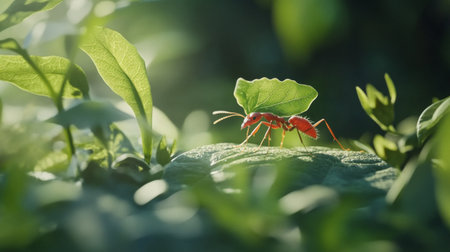An intriguing shot of a leafcutter ant carrying a piece of leaf, with its tiny body contrasting against the lush green foliage, illustrating the industrious nature of insects.の素材