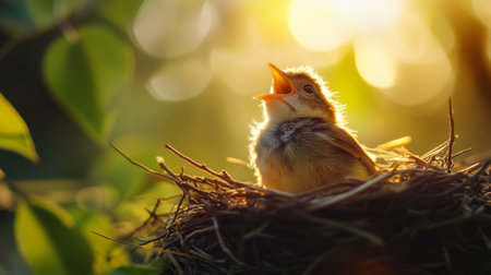 An enchanting shot of a baby bird chirping from its nest at dawn, with soft morning light illuminating its delicate features, evoking a sense of new beginnings.の素材