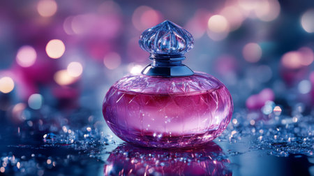 A captivating scene of perfume mist gracefully diffusing in the air, with shimmering droplets catching the light, embodying the allure of fragranceの素材